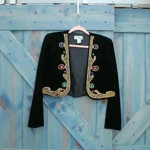 1980s Black Velvet Beaded Dress and Jacket Two Piece Cocktail Size - Picture 6 of 10